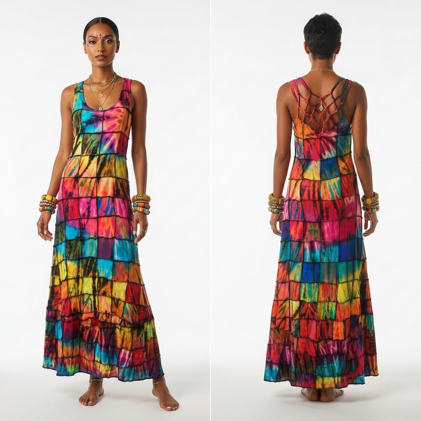 Multicolored patchwork tie-dye dress worn by a model on a white background