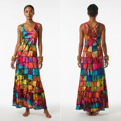 Multicolored patchwork tie-dye dress worn by a model on a white background