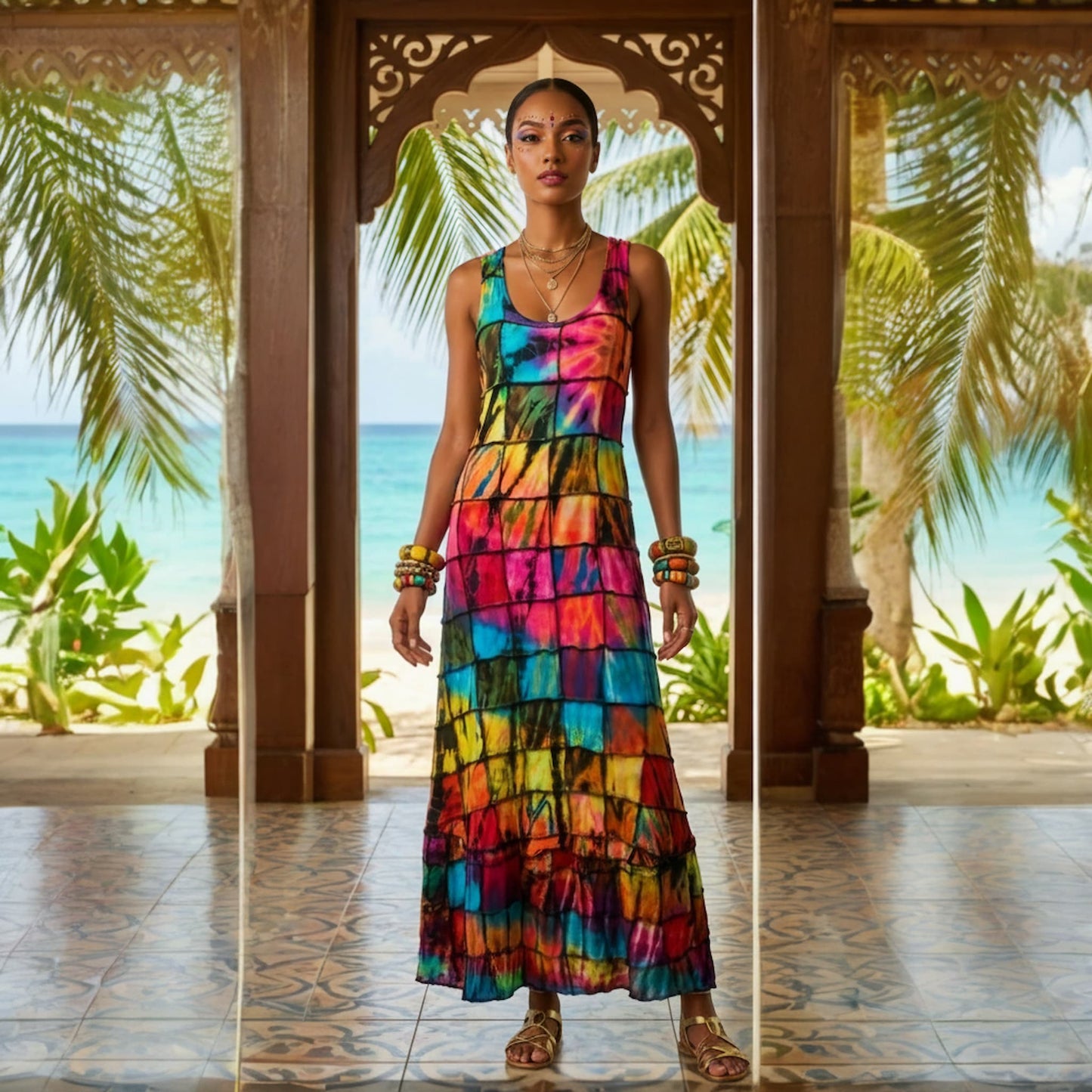Woman in a colorful patch dress standing in front of a tropical setting with palm trees and ocean.