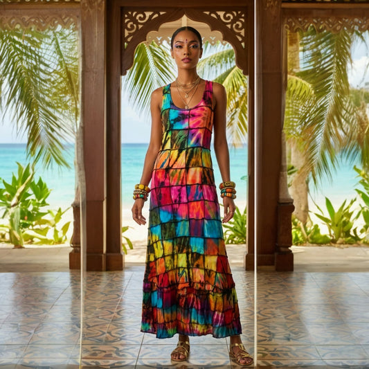 Woman in a colorful patch dress standing in front of a tropical setting with palm trees and ocean.