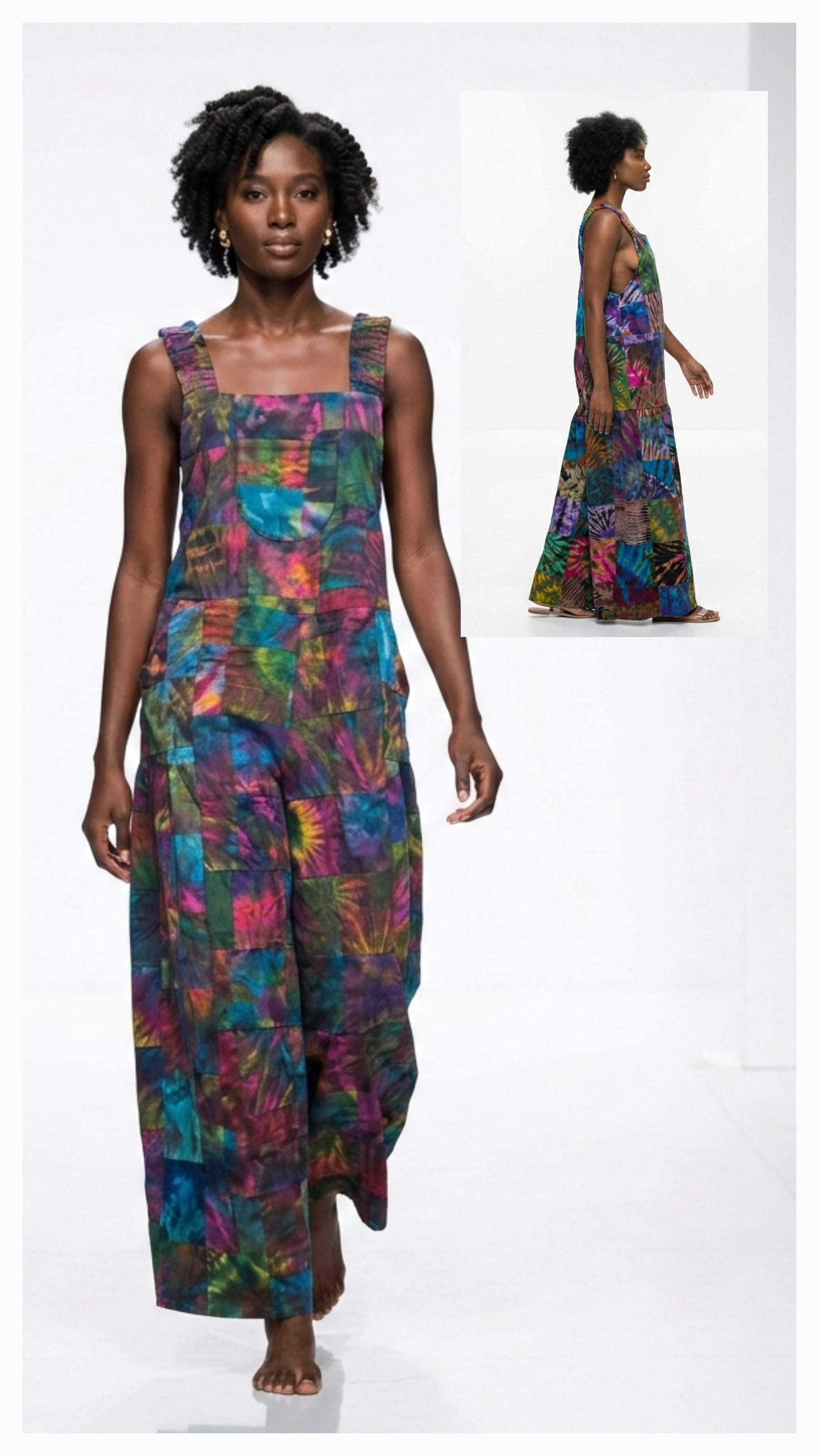 Woman wearing a colorful patchwork jumper on a white background