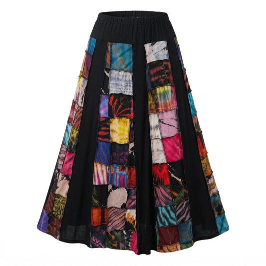 Black skirt with colorful patchwork pattern on a white background