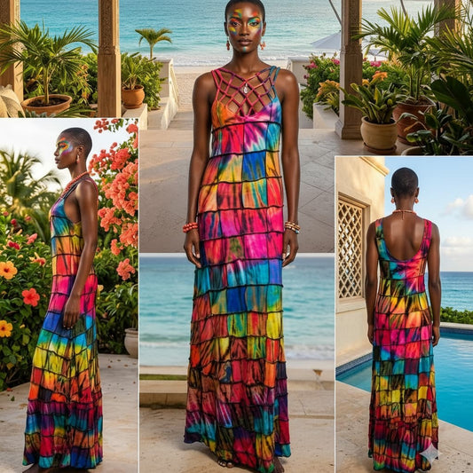 Woman wearing a colorful parch work tie-dye dress in various outdoor settings, different views. 