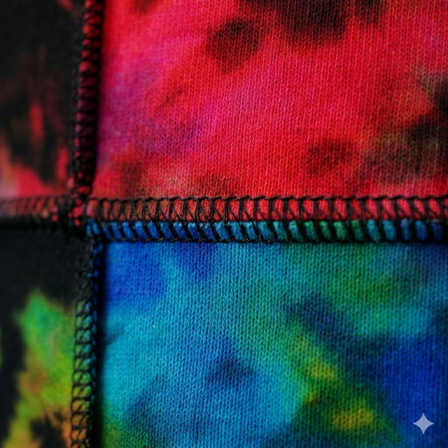 Close-up of a colorful patchwork fabric with outside seaming