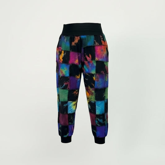 A colorful patchwork jogger on a white background