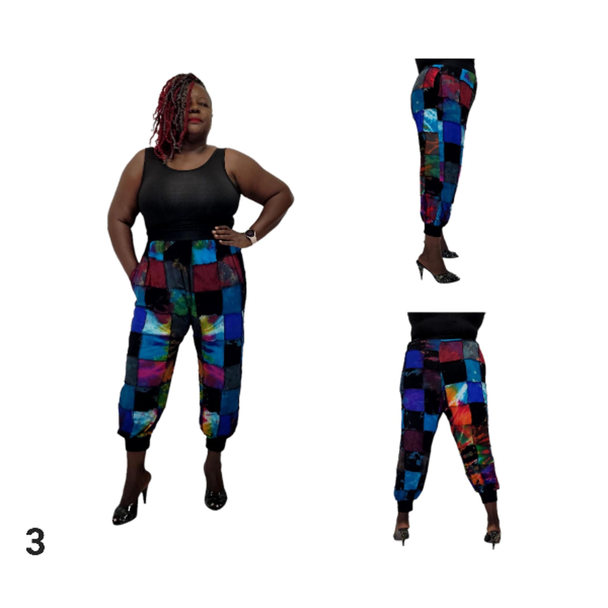 Woman wearing colorful patchwork joggers with a white background