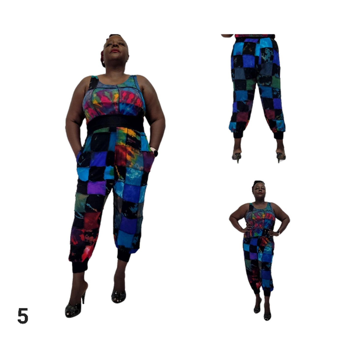 Colorful checkered patchwork jogger worn by a model on a white background