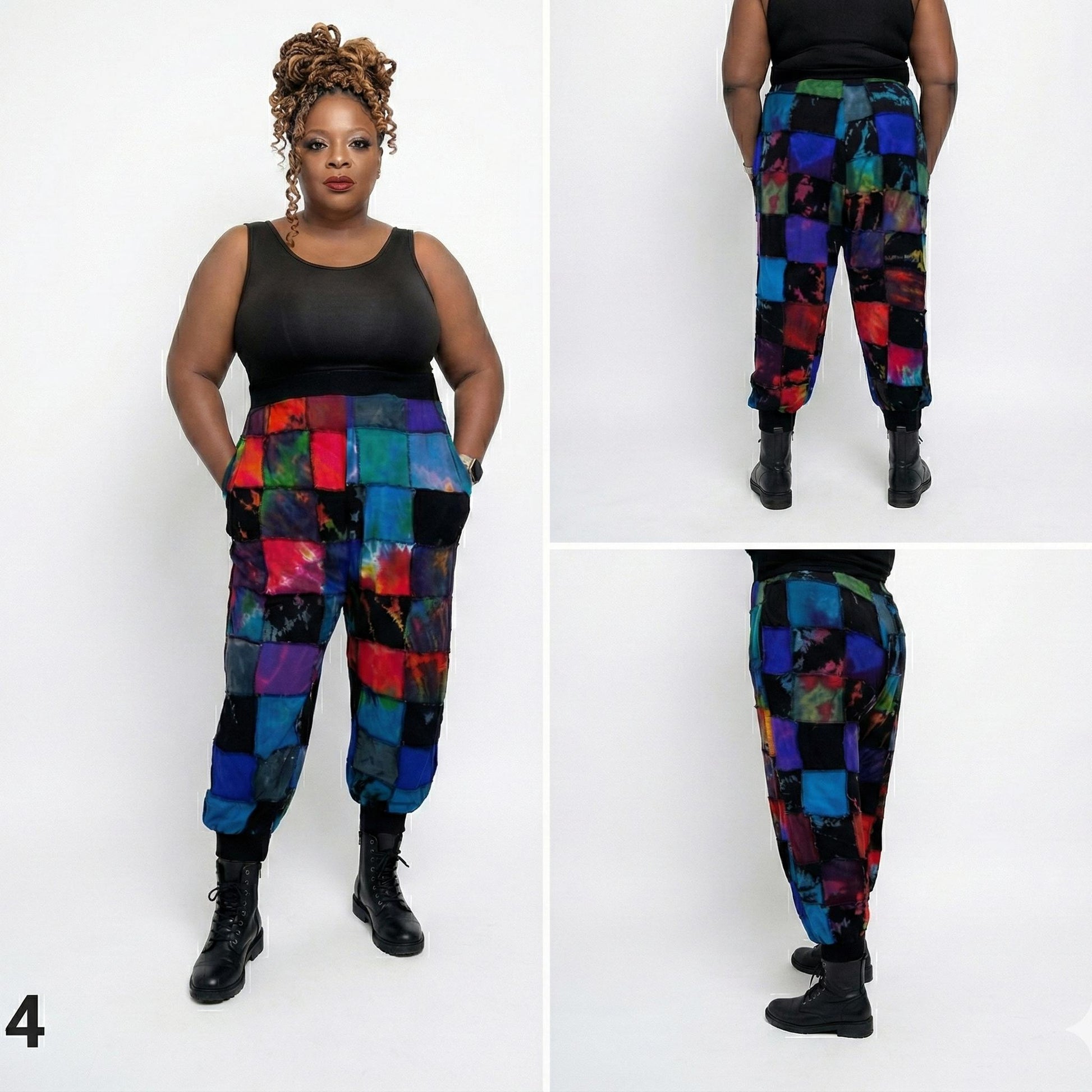 Woman wearing colorful patchwork joggers with a white background