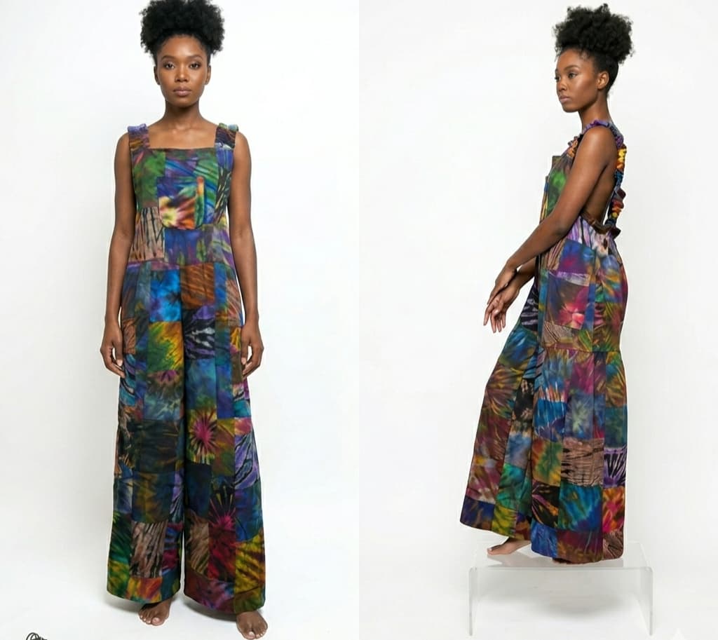 Woman wearing a colorful patchwork  jumper on a white background