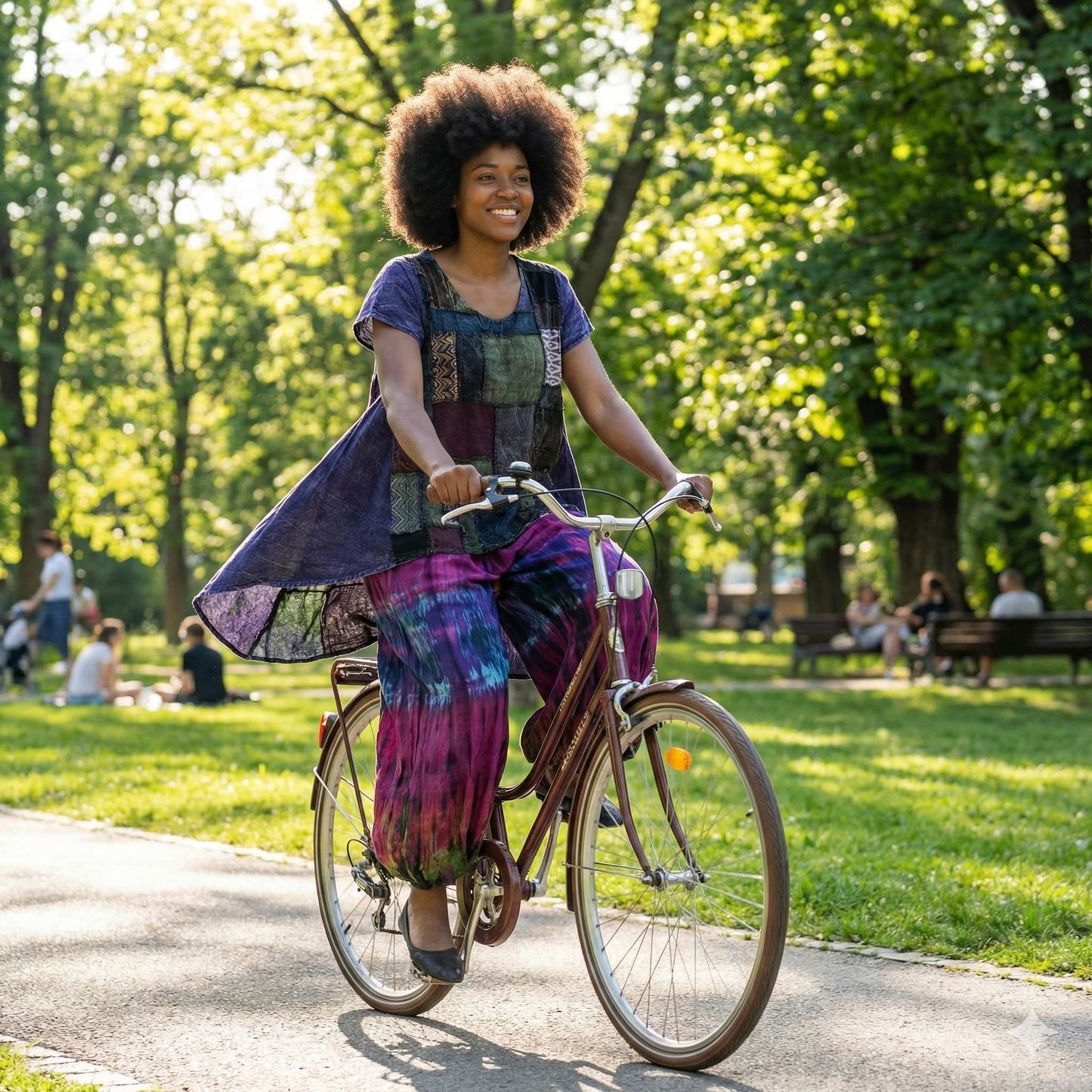 Woman riding a bicycle in a park with green trees and people in the background