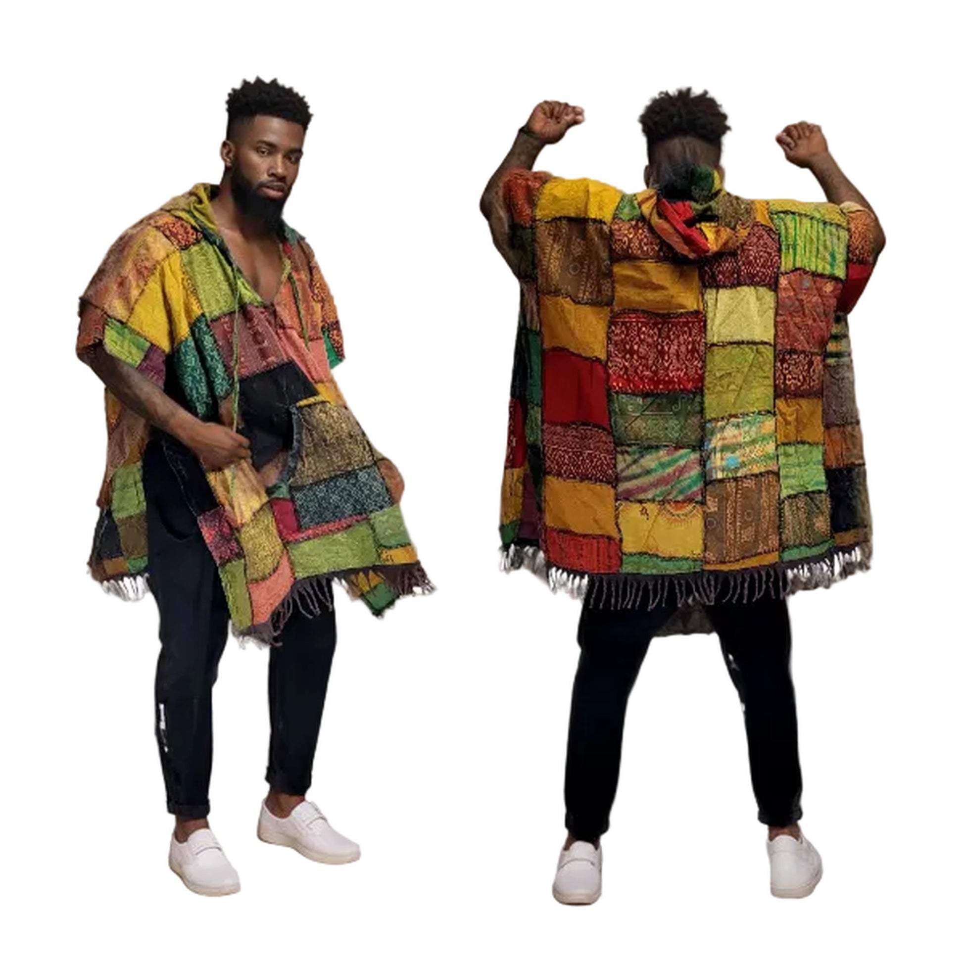 Person wearing a colorful patchwork poncho from front and back views on a white background