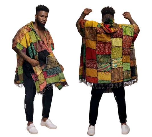 Person wearing a colorful patchwork poncho from front and back views on a white background