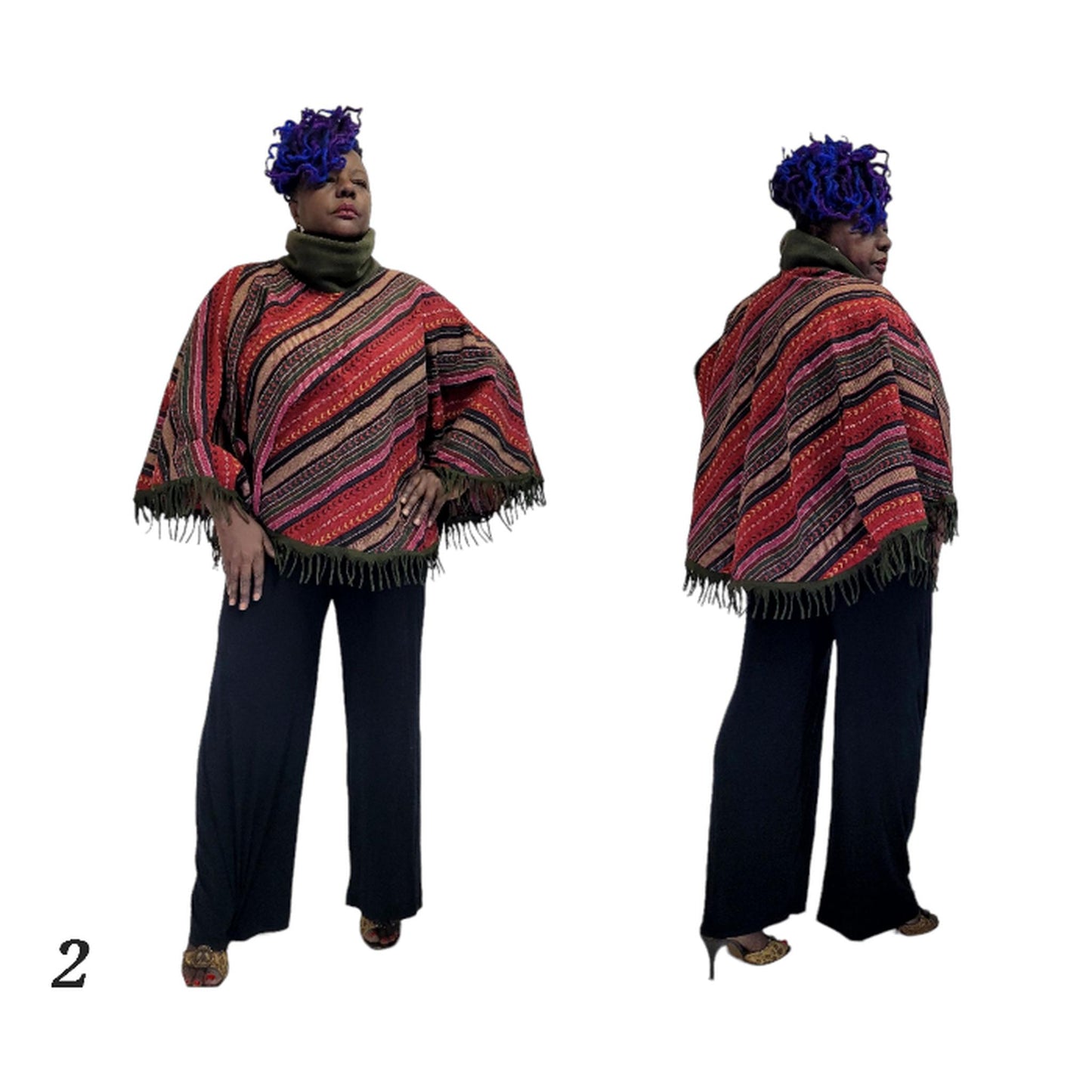 : "Woman wearing handloomed turtleneck poncho with fringe - one size fits most winter layer"