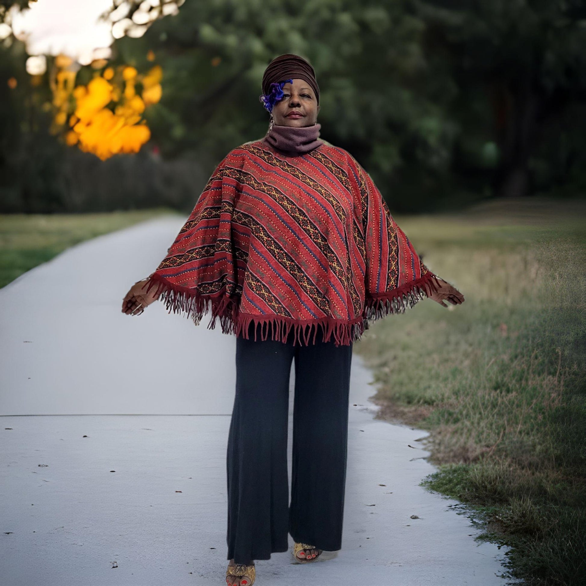  "Fleece-lined turtleneck detail on handloomed cotton poncho - cozy winter neckline"