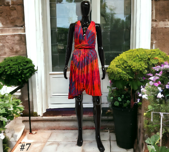 Short wrap dress red tie dye base -Dresses-SanJules