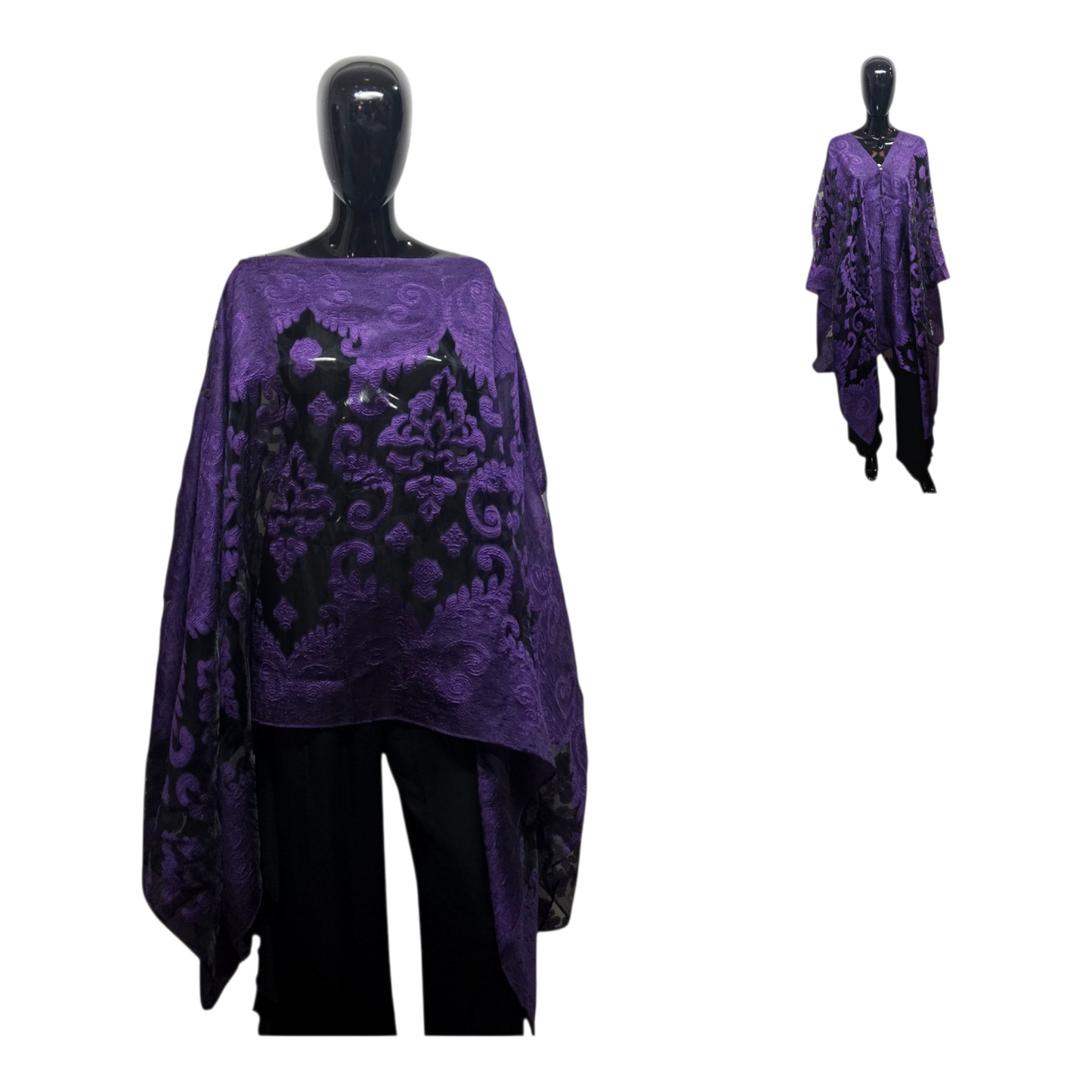 Purple patterned garment on a mannequin against a white background
