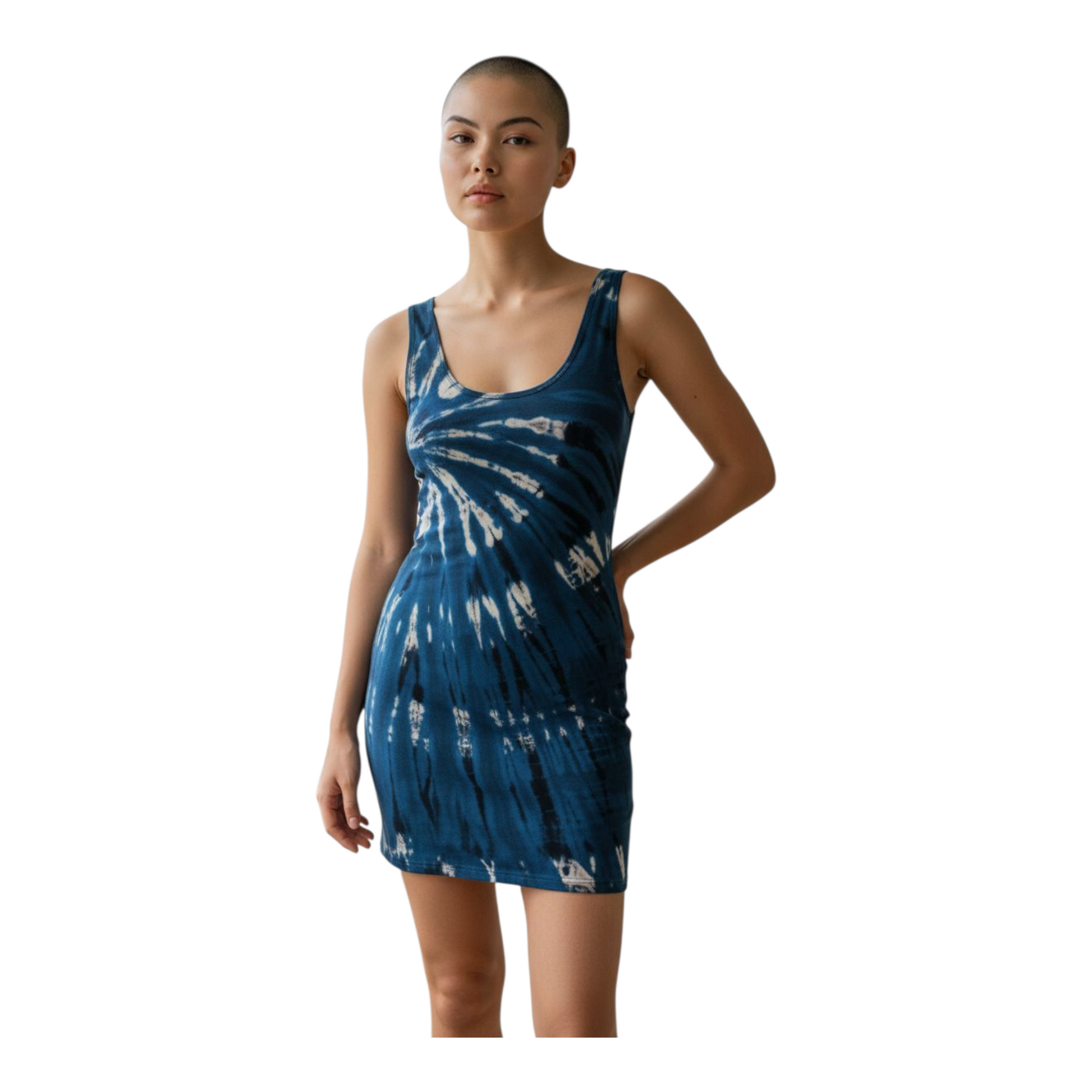 Woman wearing a blue tie-dye dress on a white background