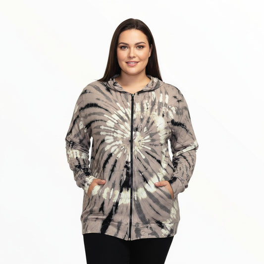 Tie-dye hoodie on a mannequin against a white background