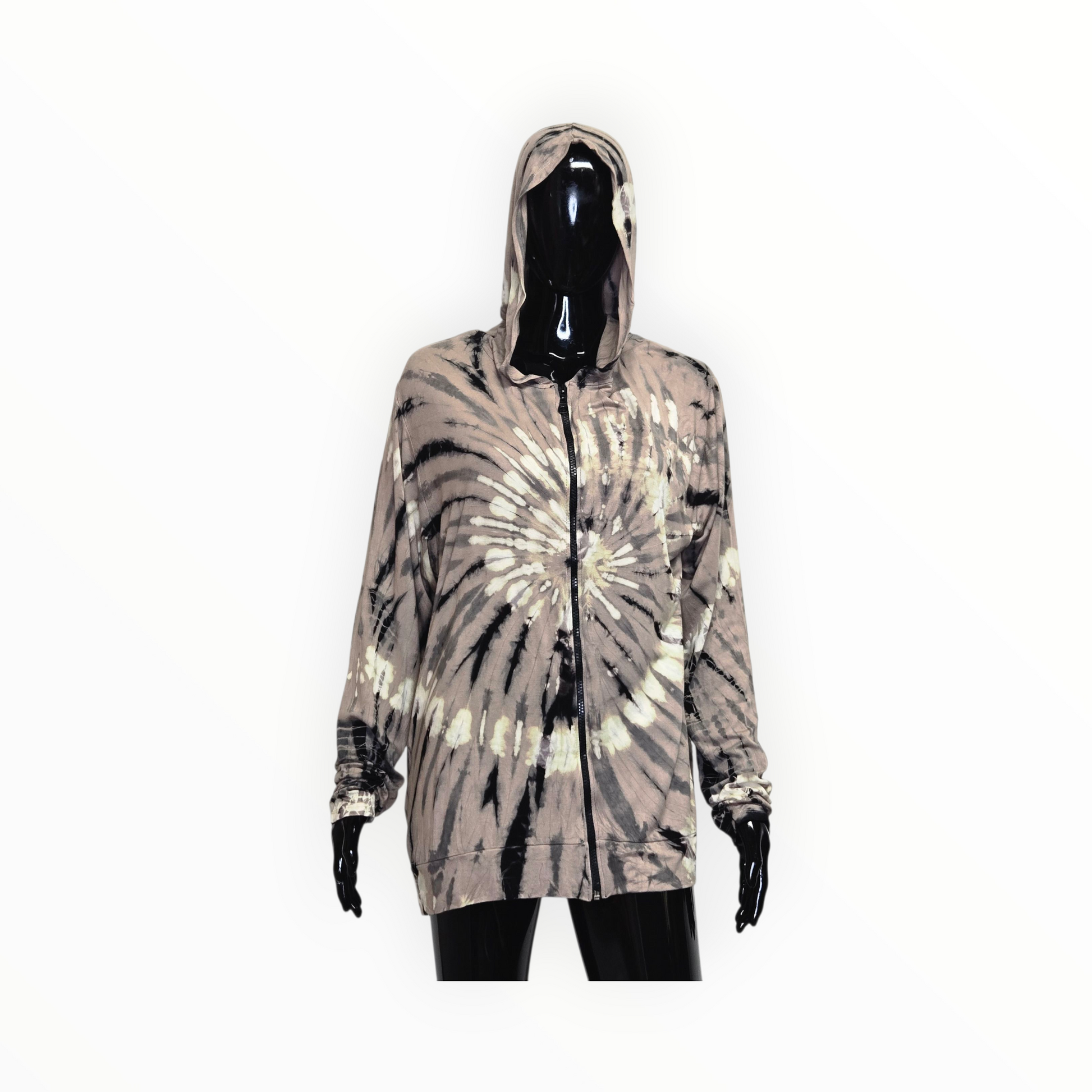 Tie-dye hoodie on a mannequin against a white background