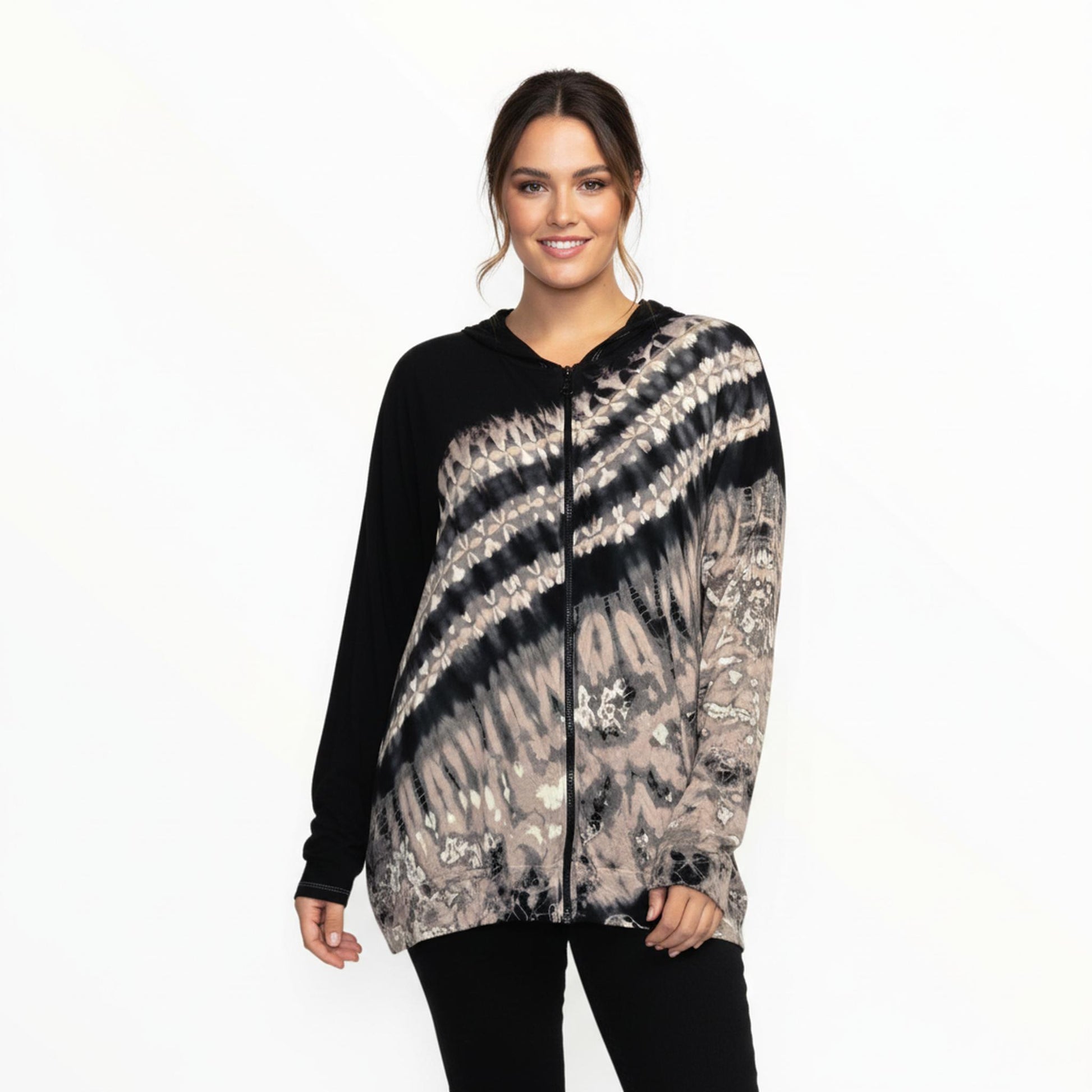 Mannequin wearing a black and beige tie-dye hoodie with a plain white background