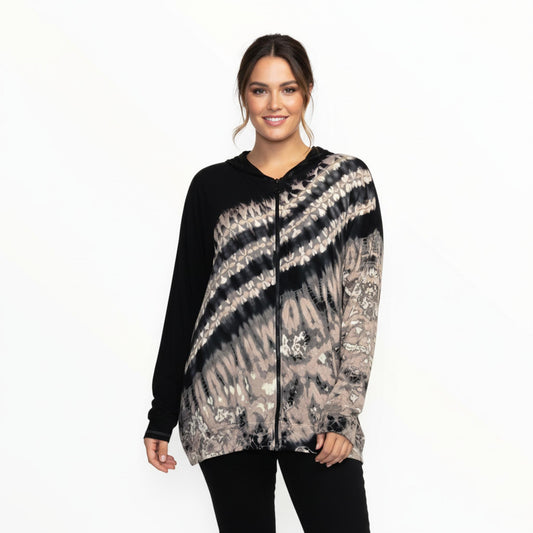 Mannequin wearing a black and beige tie-dye hoodie with a plain white background