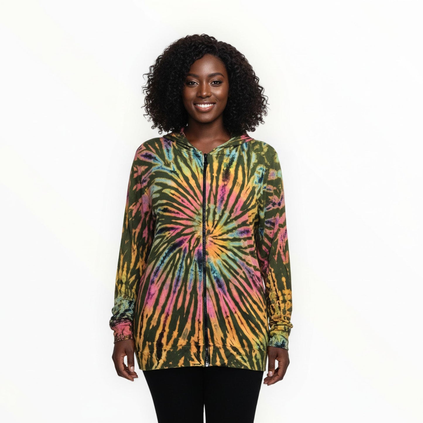 Tie-dye hoodie on a mannequin against a white background