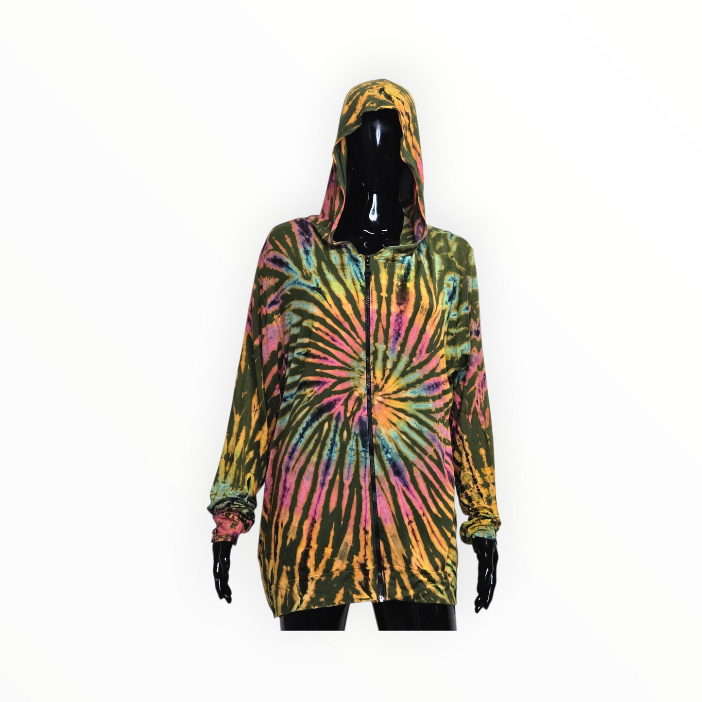 Tie-dye hoodie on a mannequin against a white background