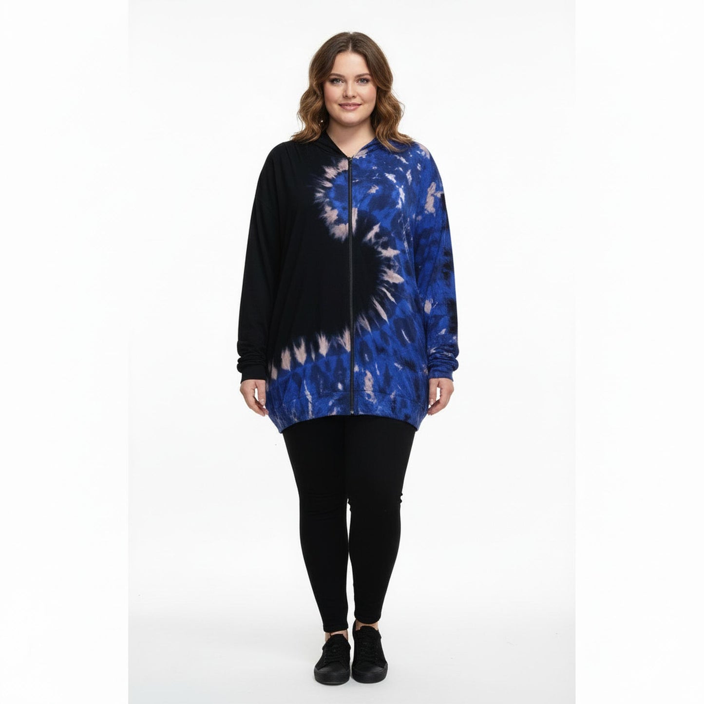 Black and blue tie-dye hoodie on a mannequin against a white background