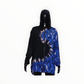 Black and blue tie-dye hoodie on a mannequin against a white background