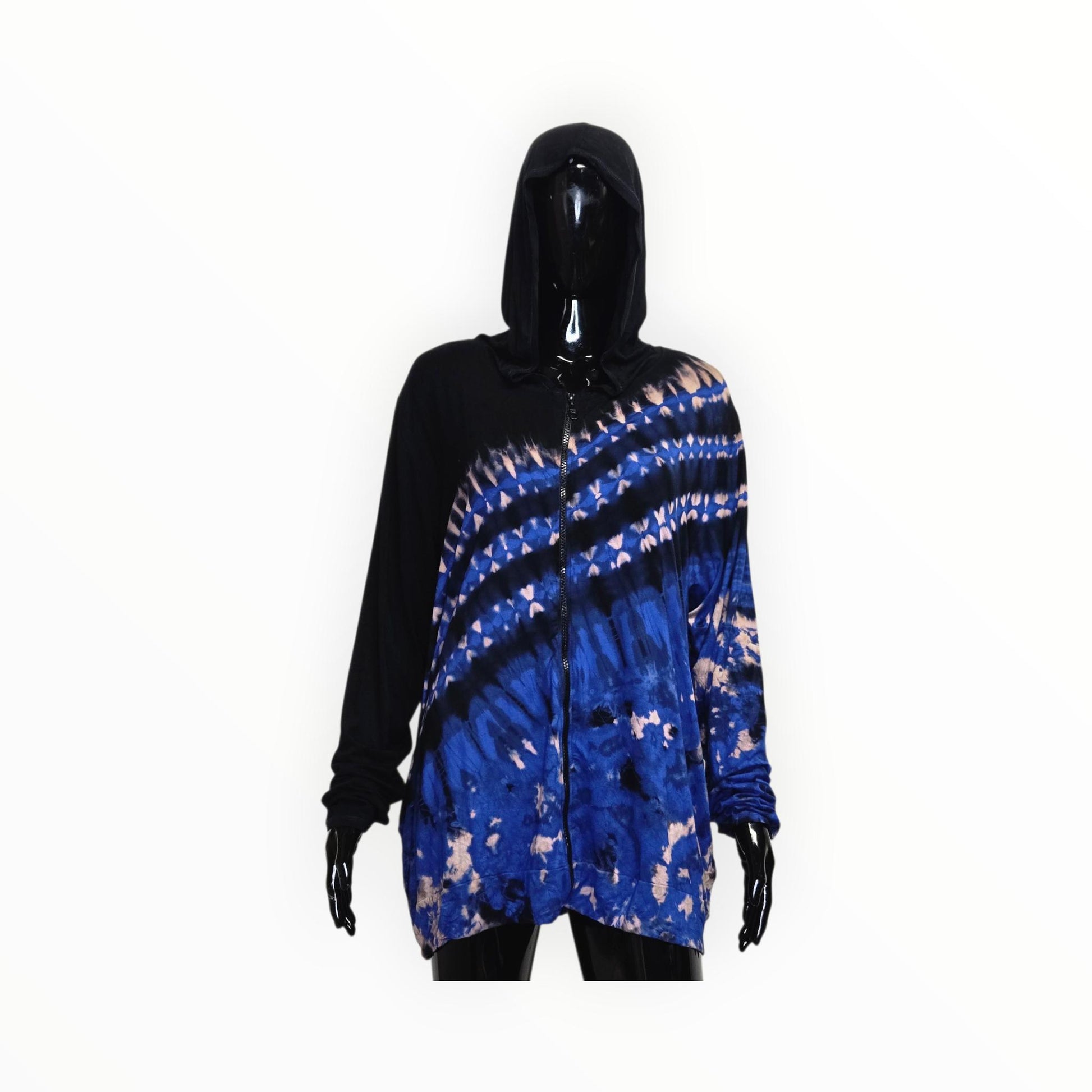 Black hooded jacket with blue and pink tie-dye pattern on a white background