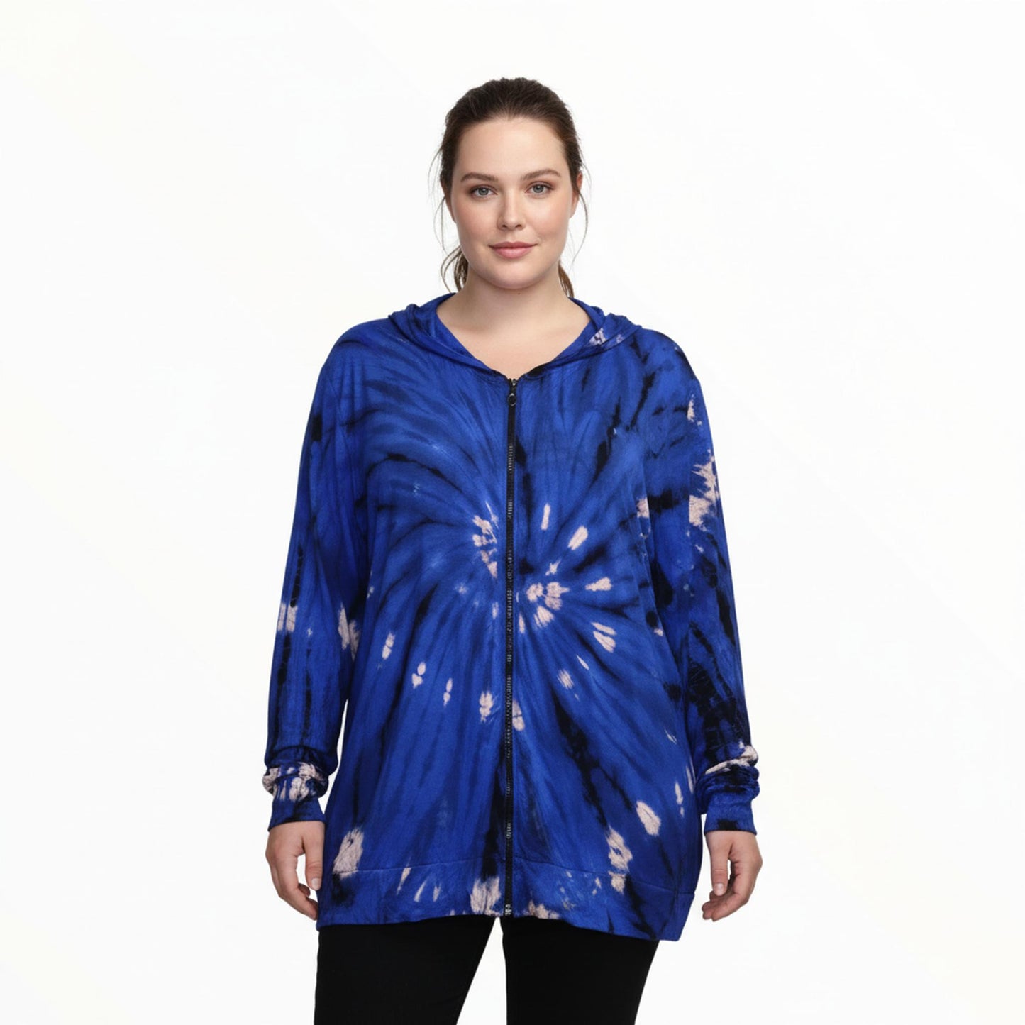 Blue tie-dye hoodie on a mannequin against a white background