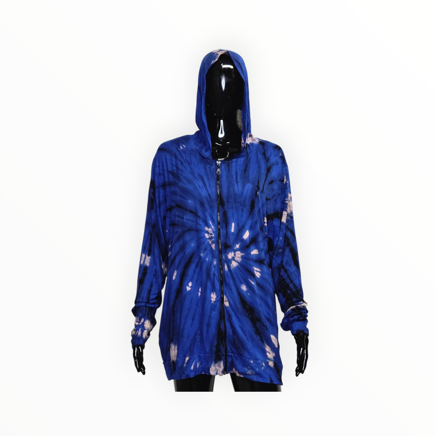 Blue tie-dye hoodie on a mannequin against a white background