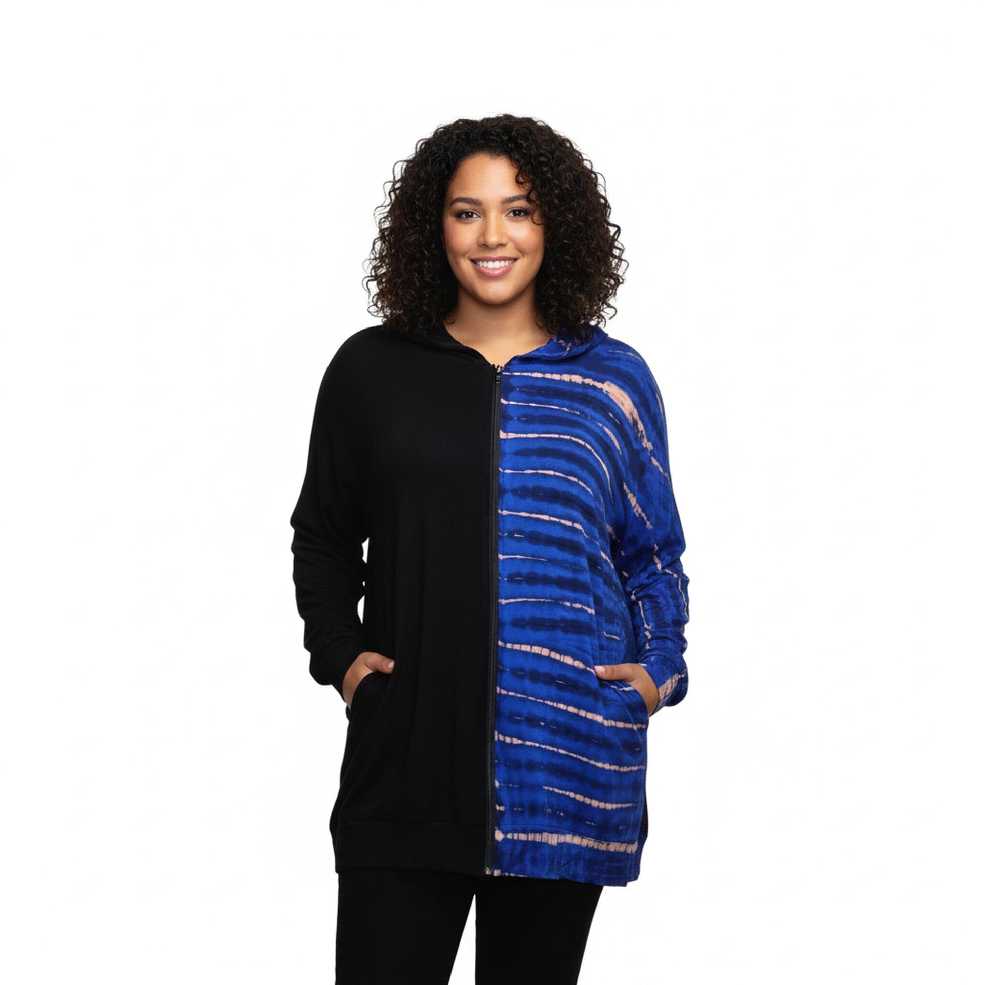 Mannequin wearing a black outfit with a blue and white patterned hood on a white background