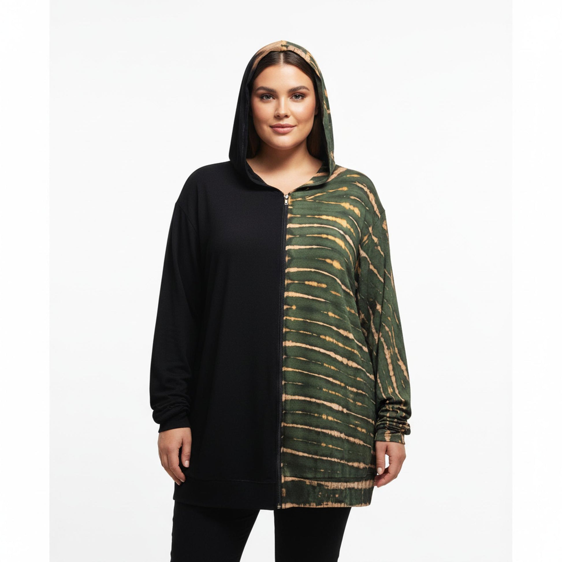 Black and green hooded outfit on a white background