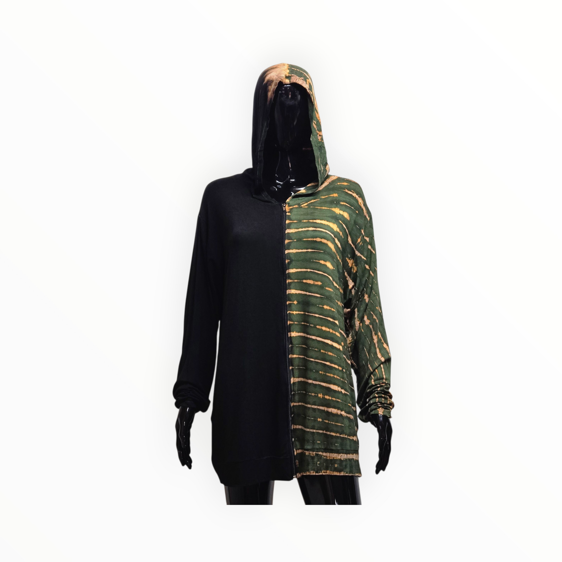 Black and green hooded outfit on a white background
