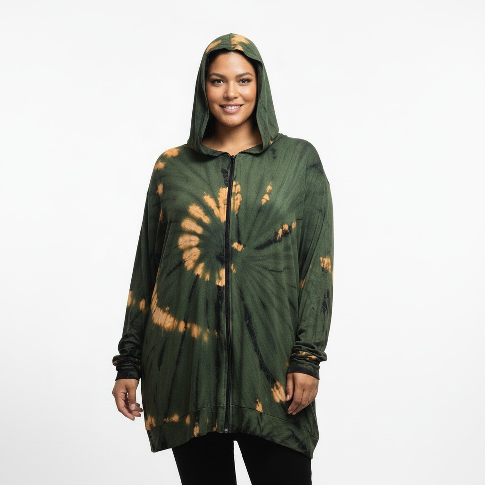 Green and orange tie-dye hoodie with a black mask on a white background