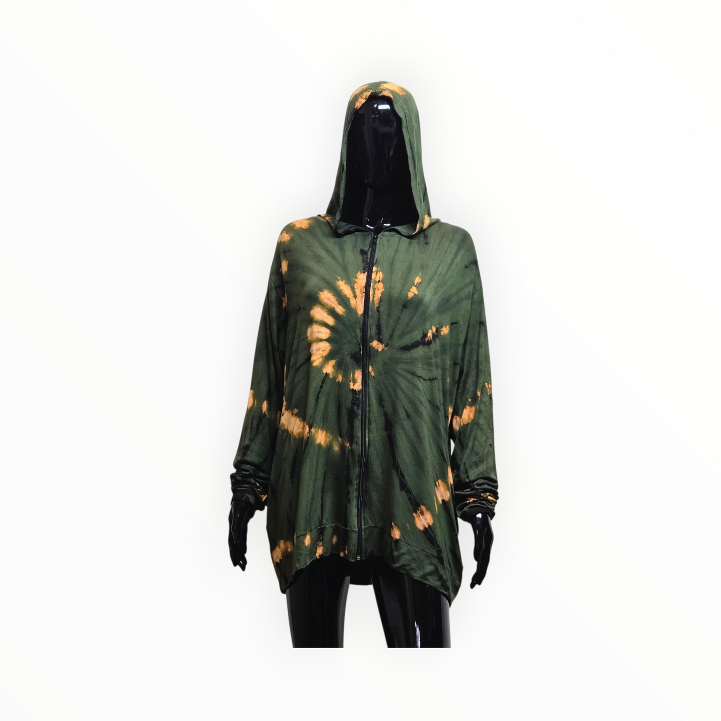Green and orange tie-dye hoodie with a black mask on a white background