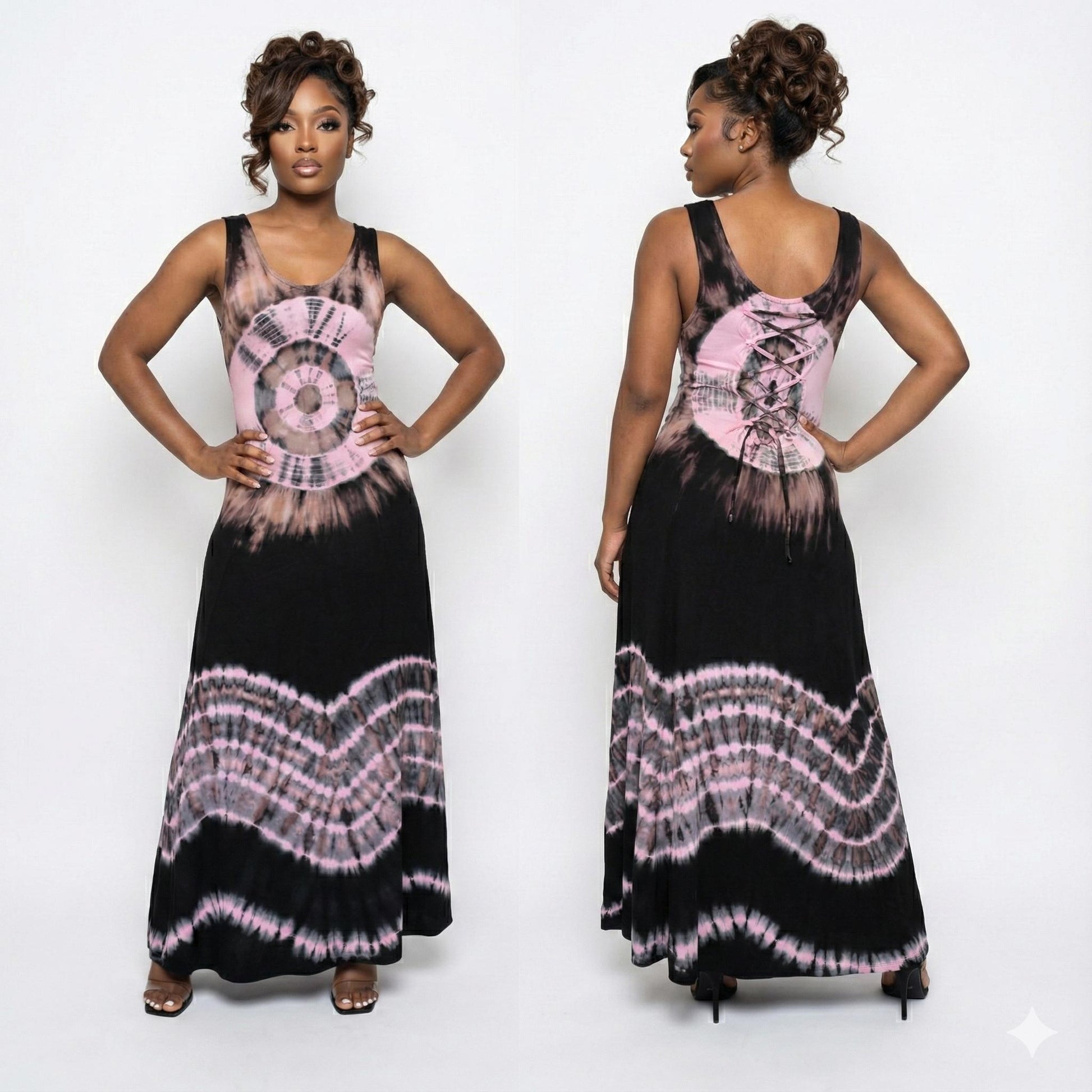 Woman wearing a black and pink tie-dye dress, shown from front and back, on a white background.
