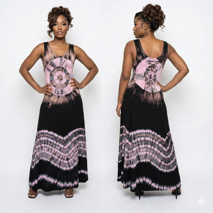 Woman wearing a black and pink tie-dye dress, shown from front and back, on a white background.