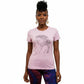 Pink t-shirt with a graphic design on a mannequin against a white background