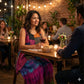 Woman sitting at a table in a restaurant with a man, enjoying a glass of wine.