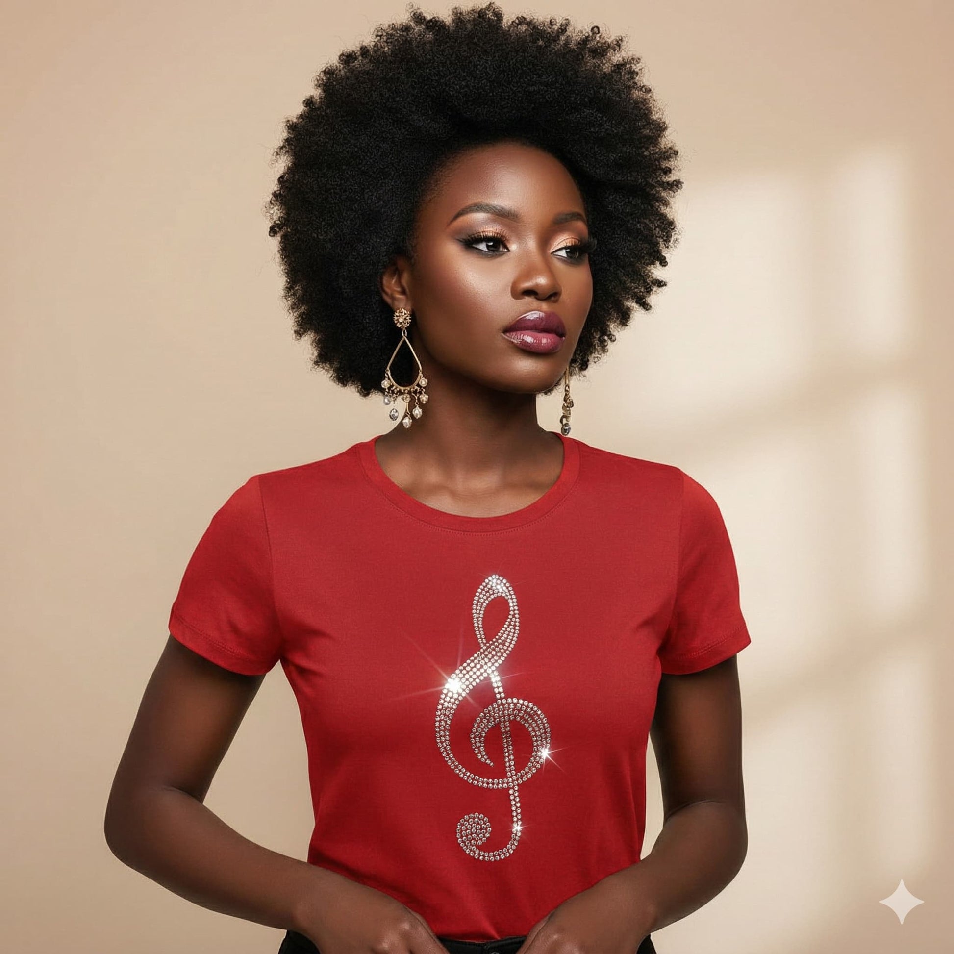 Woman wearing a red t-shirt with a decorative clef  music note design on a beige background