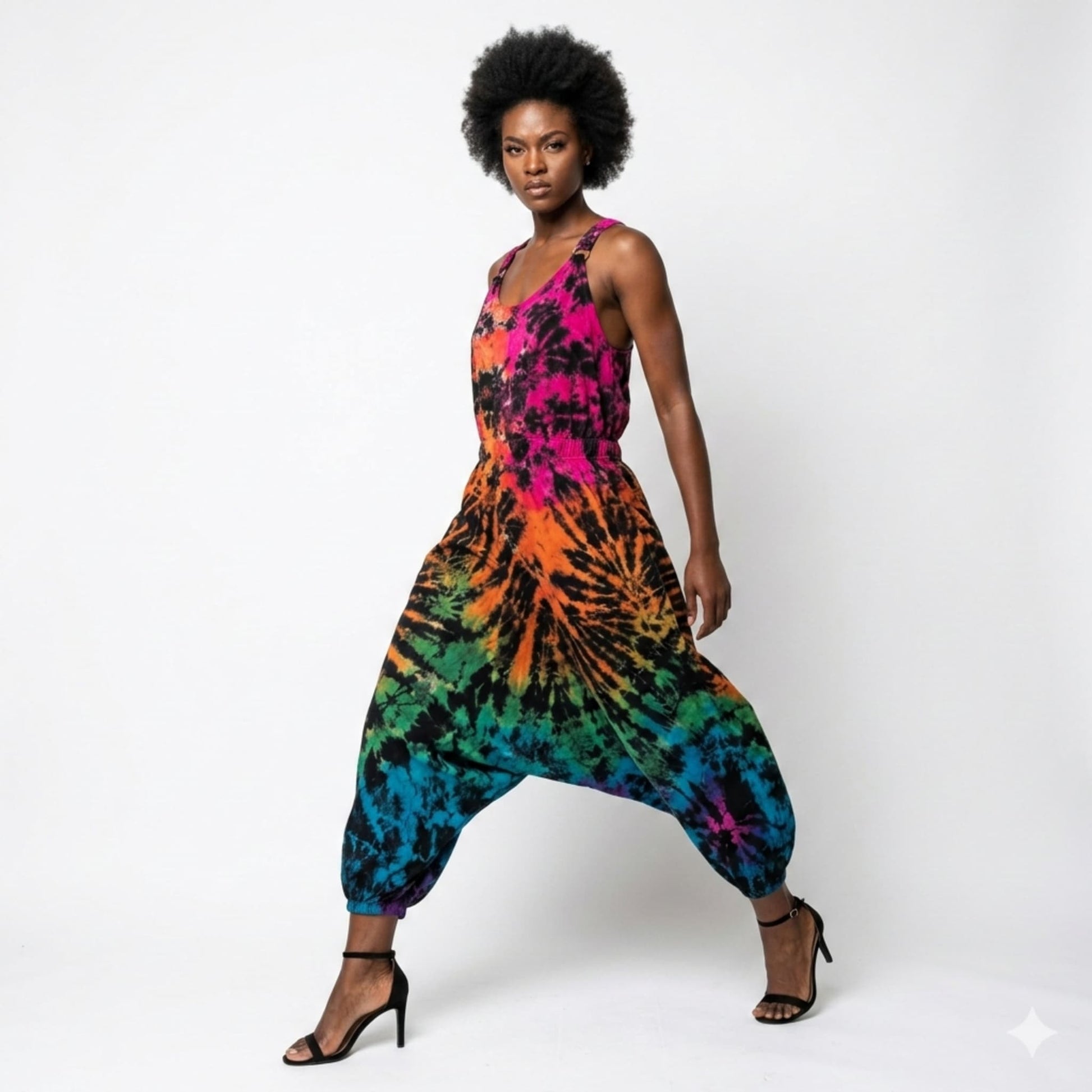 Woman wearing a tie-dye harem jumpsuit on a white background SanJules