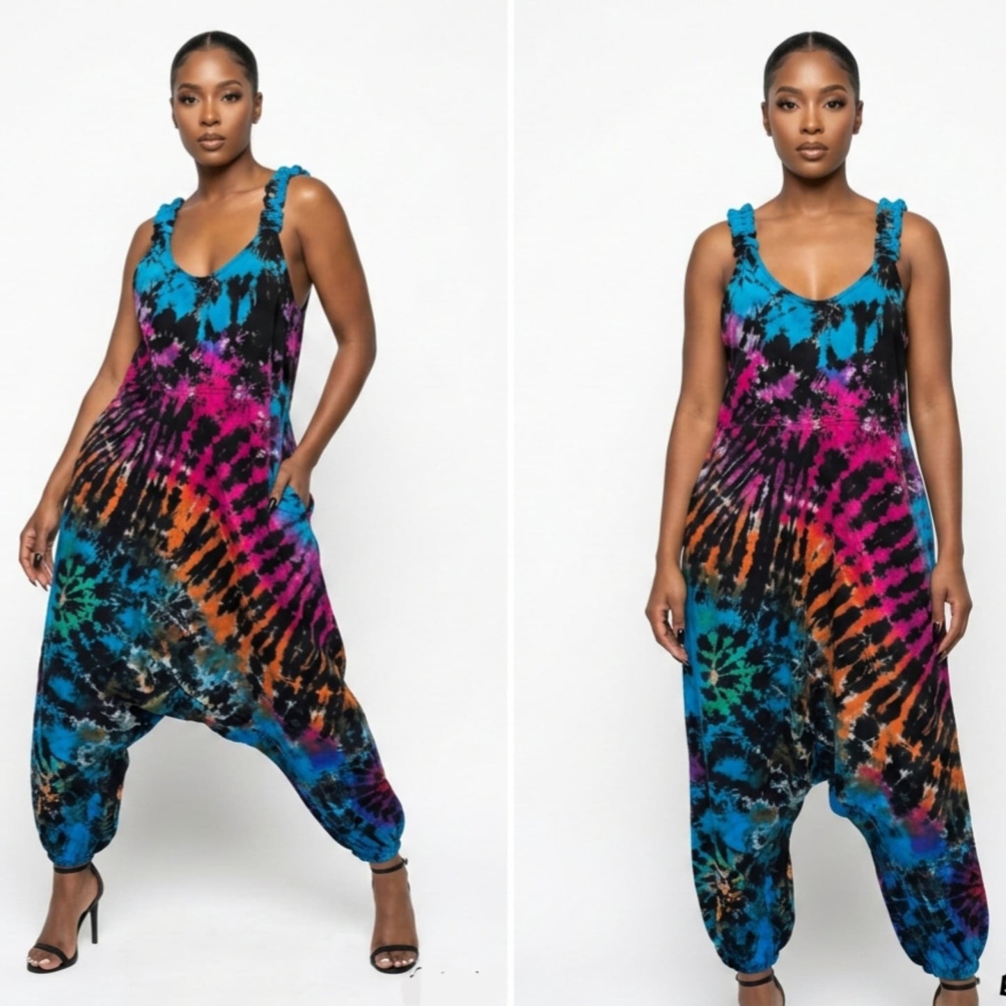 Person wearing a tie-dye harem  jumpsuit from front and back views on a white background