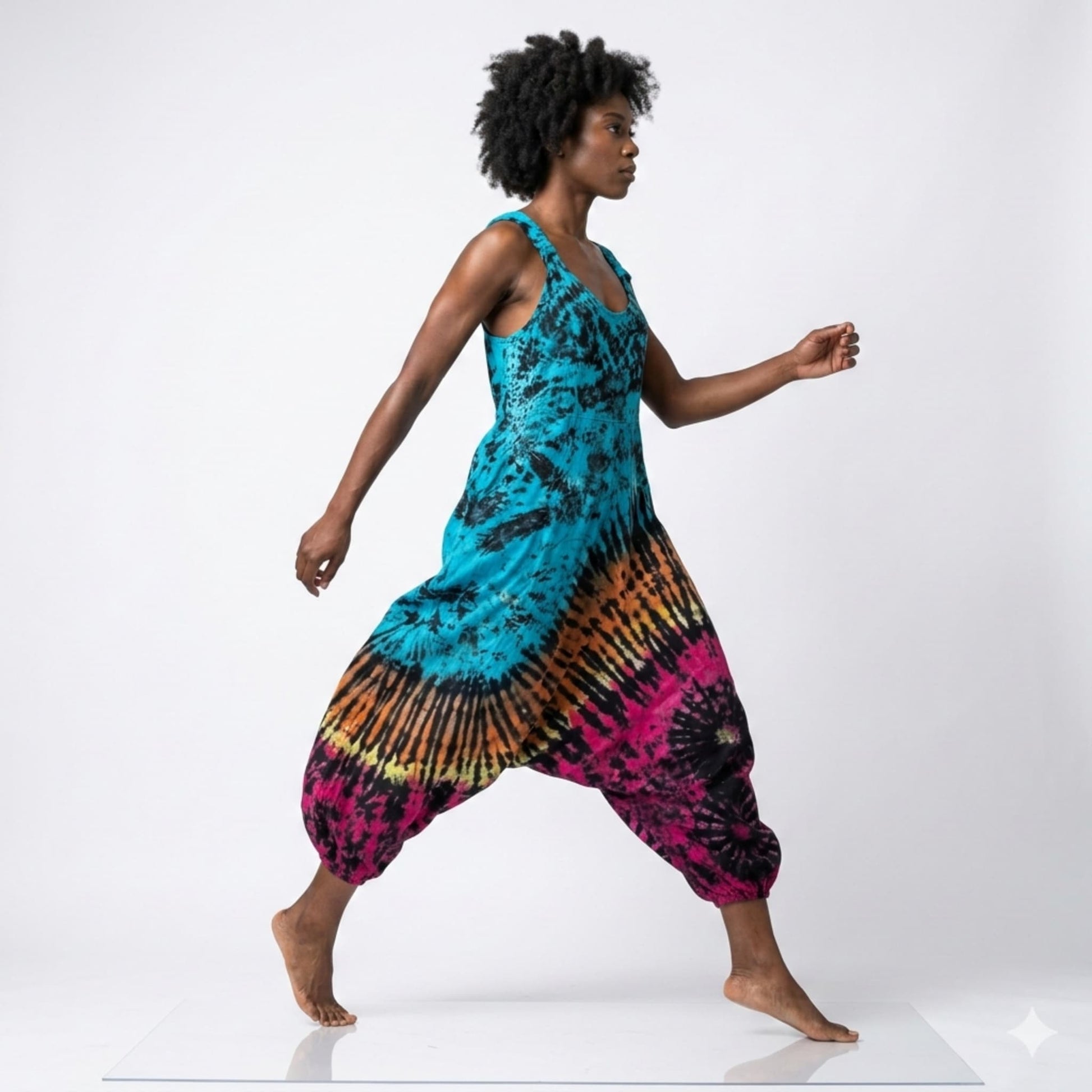 Person wearing a tie-dye harem jumpsuit on a white background SanJules