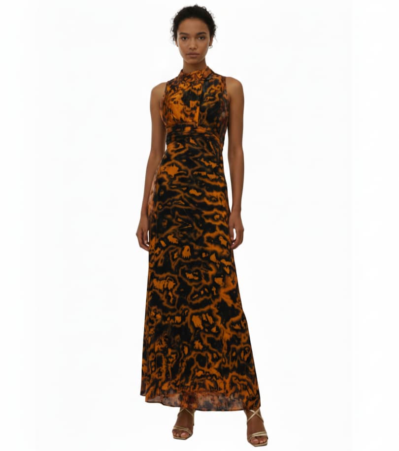 Woman wearing a leopard print wrap dress on a white background . SanJules