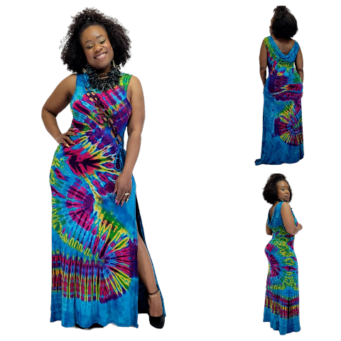 Bright blue base hand made tie dye Sonya Gown-Dresses-SanJules