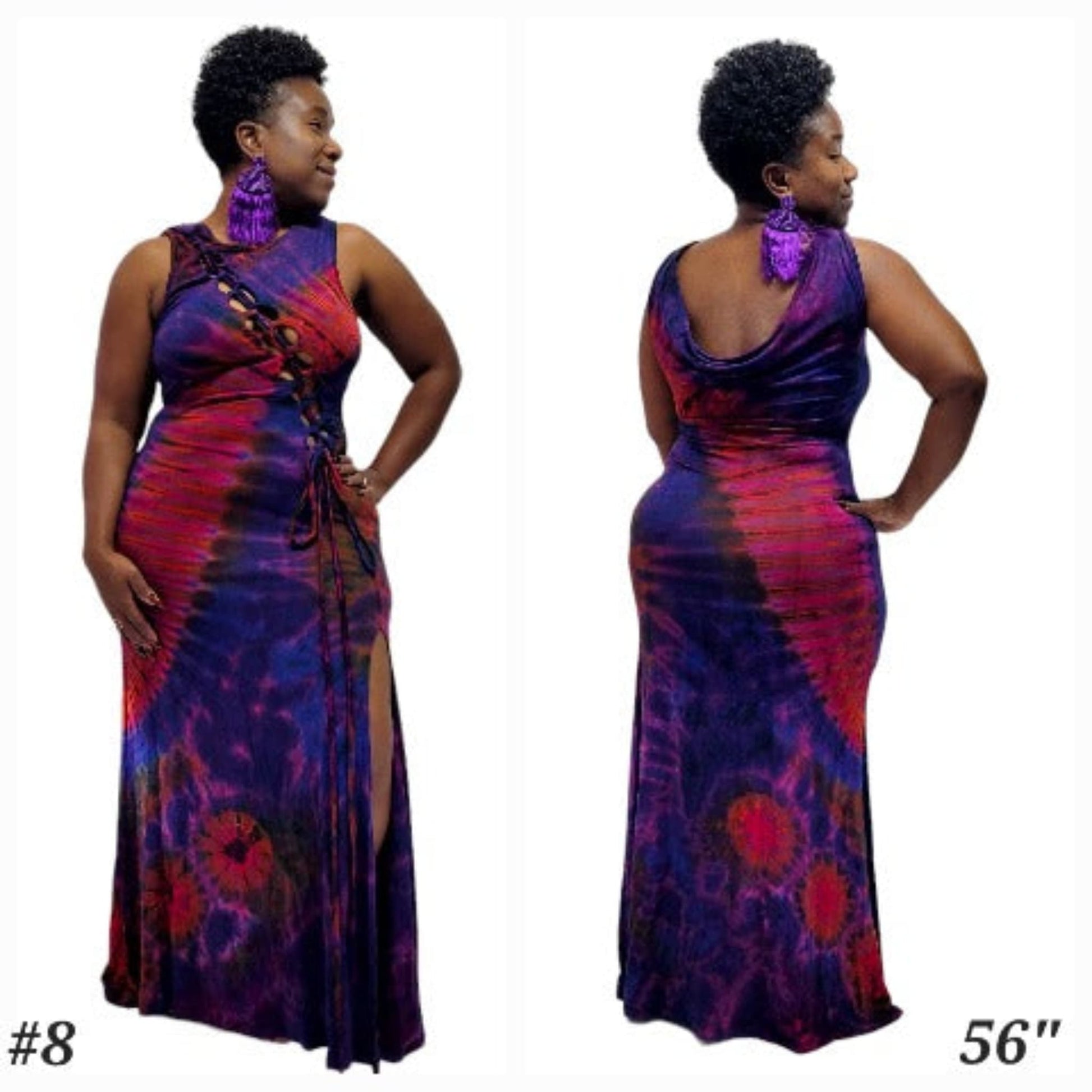 Woman wearing a tie-dye dress from front and back views on a white -background-Sanjules