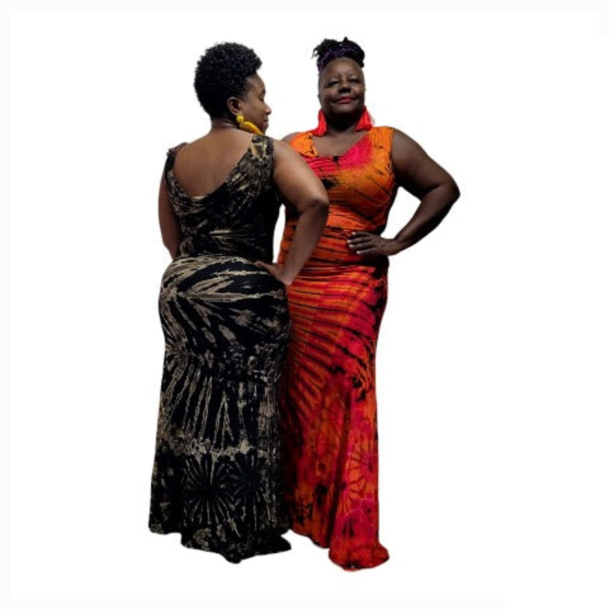 Two women wearing colorful dresses on a white background-Sanjules