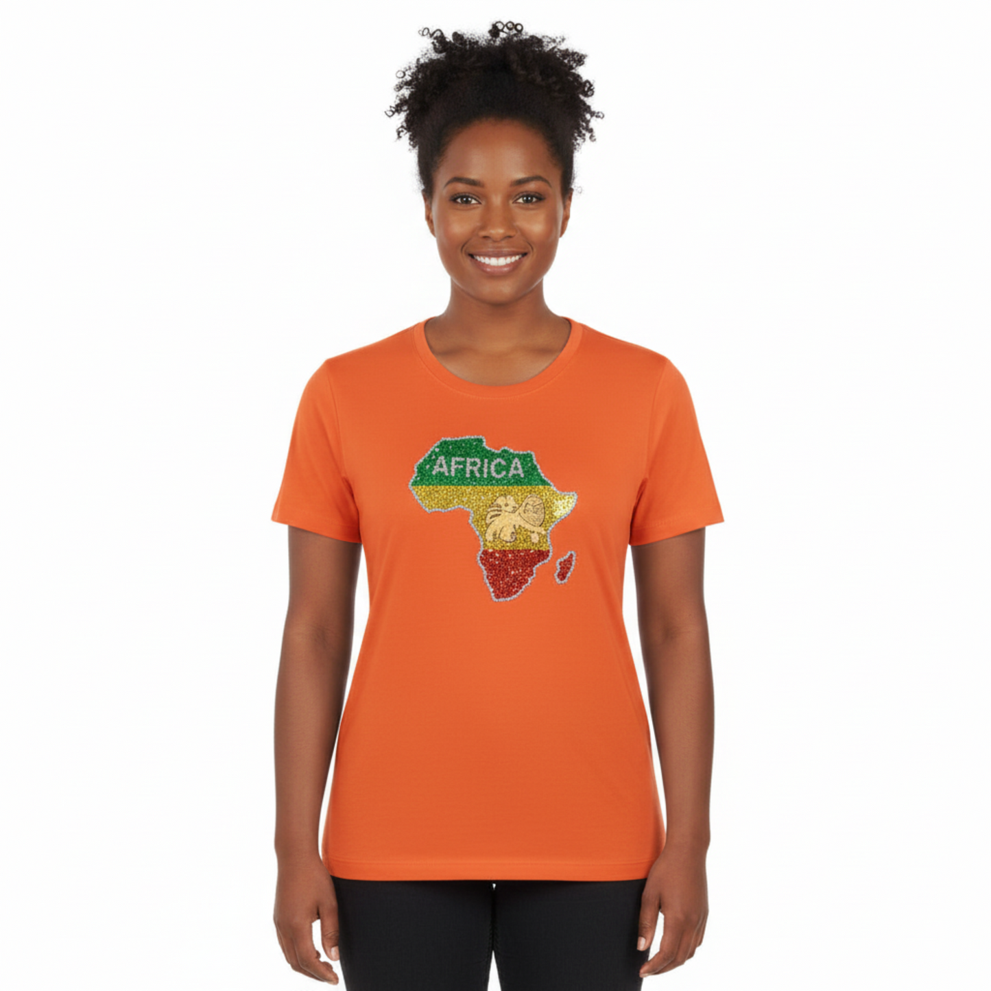Woman wearing an orange t-shirt with a map of Africa design on a white background